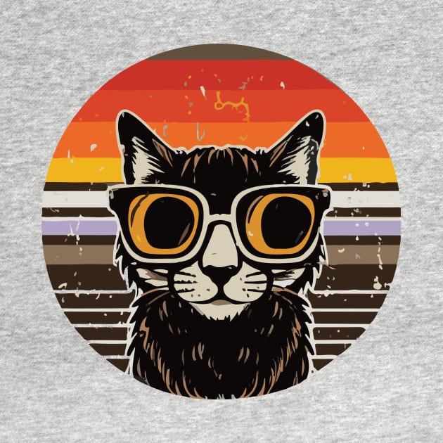 vintage brown a black cat in glasses, retro sunset by Diwa